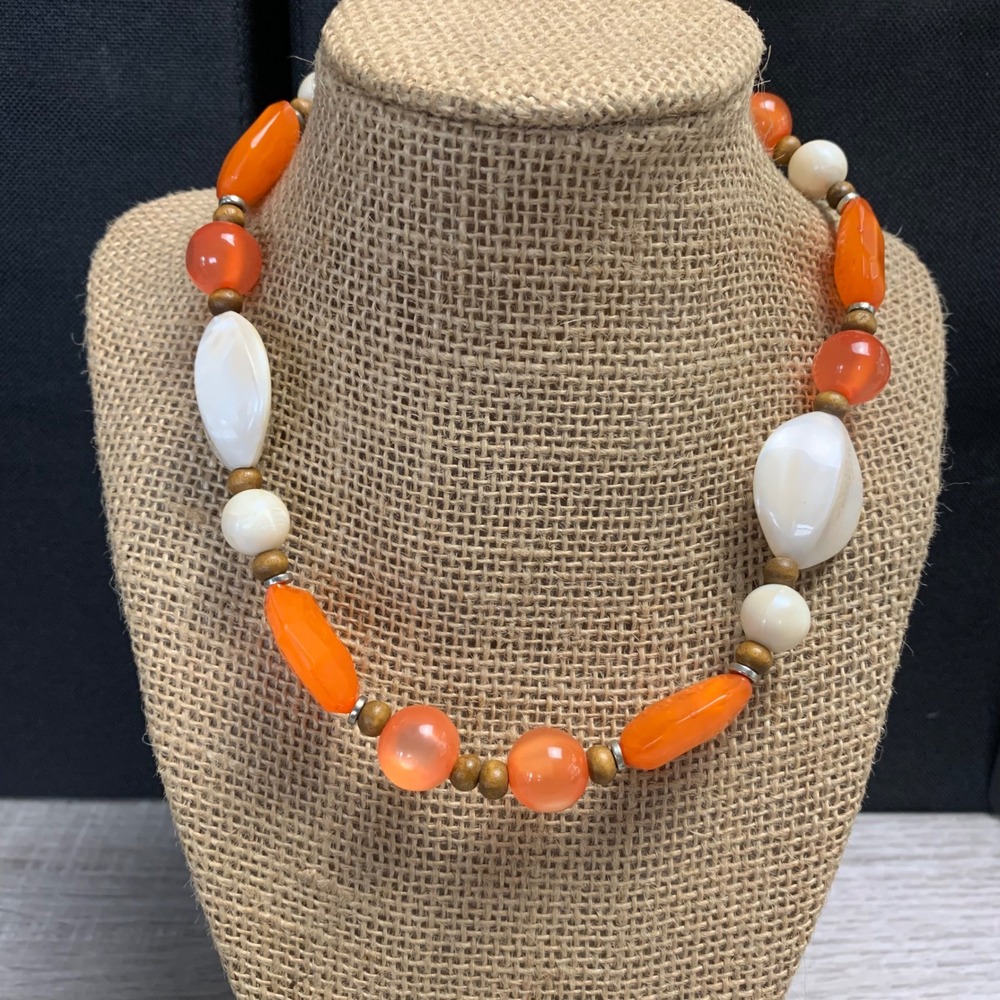 Boho Beaded Necklace Orange Cream Wood Beads 16 Inch Lobster Clasp 5602